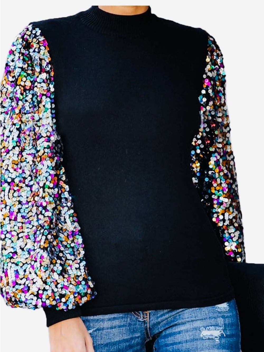 🌺Black Knit Top with Multi-Color Sequin Balloon Sleeves